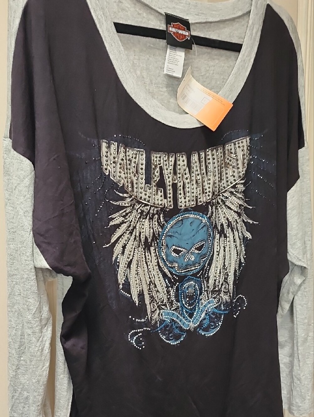 Harley-Davidson Black and Gray Long Sleeve Tee with Blue Skull Graphic - Picture 2 of 12